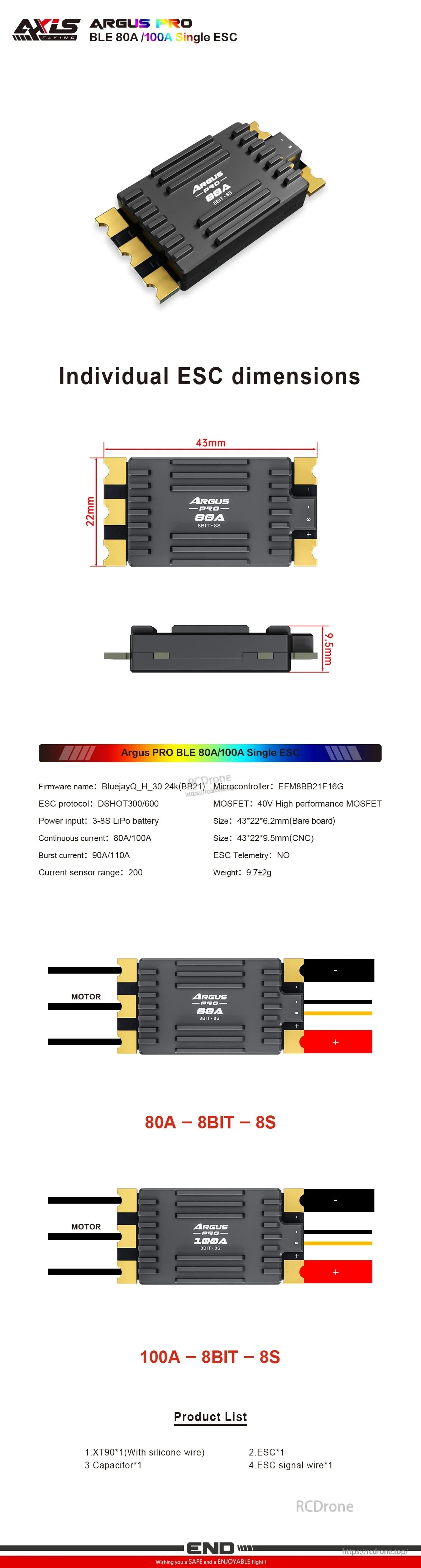 Axisflying Argus Pro BLE single ESC with 43×22 mm footprint and 9.5 mm height, labeled 80A/100A for 3–8S LiPo