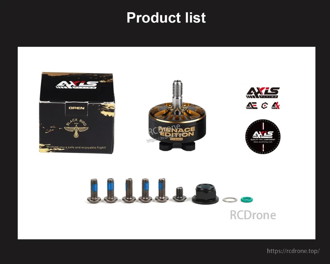 Axisflying x BlackBird V4 2307.3 5-inch FPV motor, AXLS Flying Menace Edition motor, KV2060, includes mounting hardware and packaging.