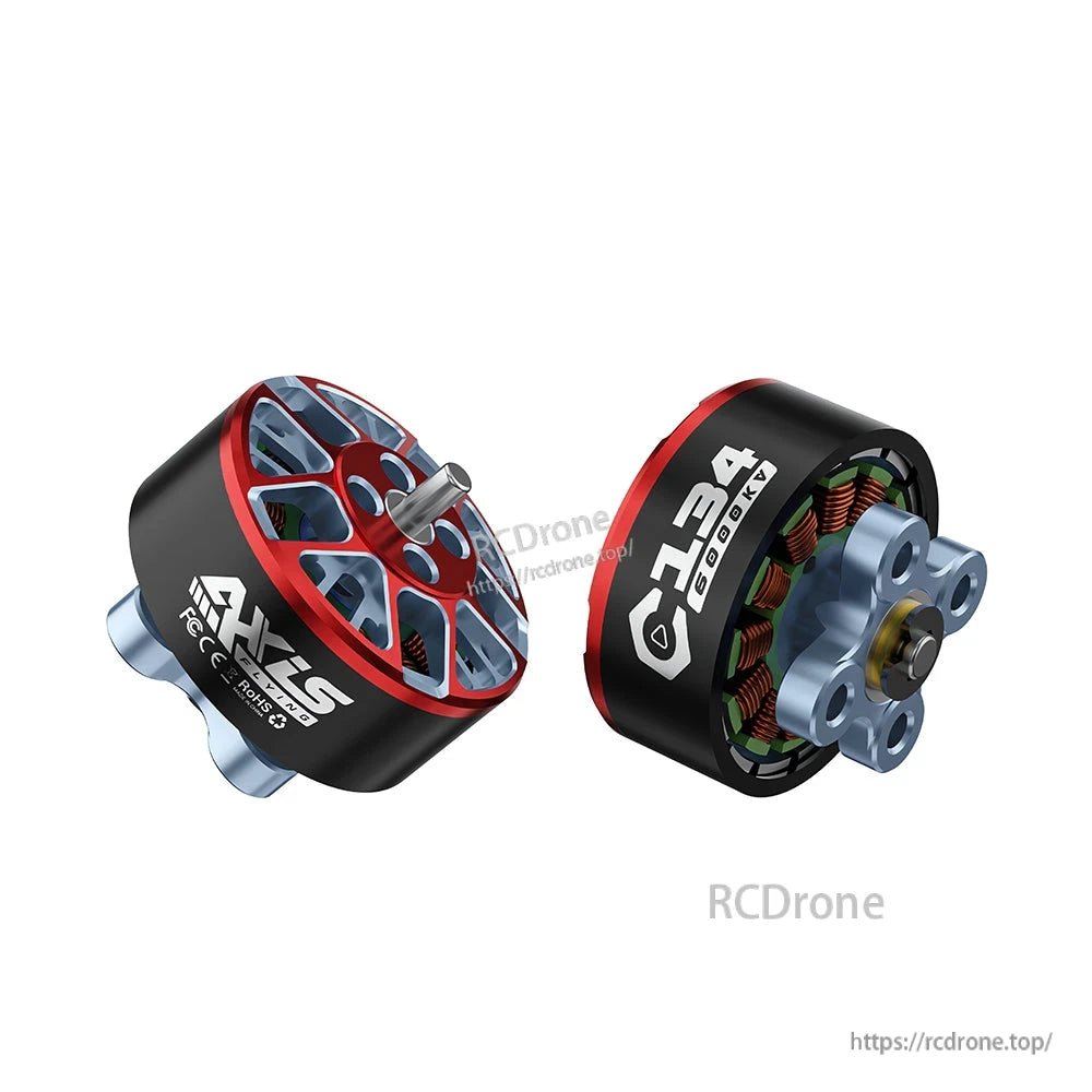 Axisflying C134 6000KV FPV drone motor in red and black, showing open bell top and mounting base