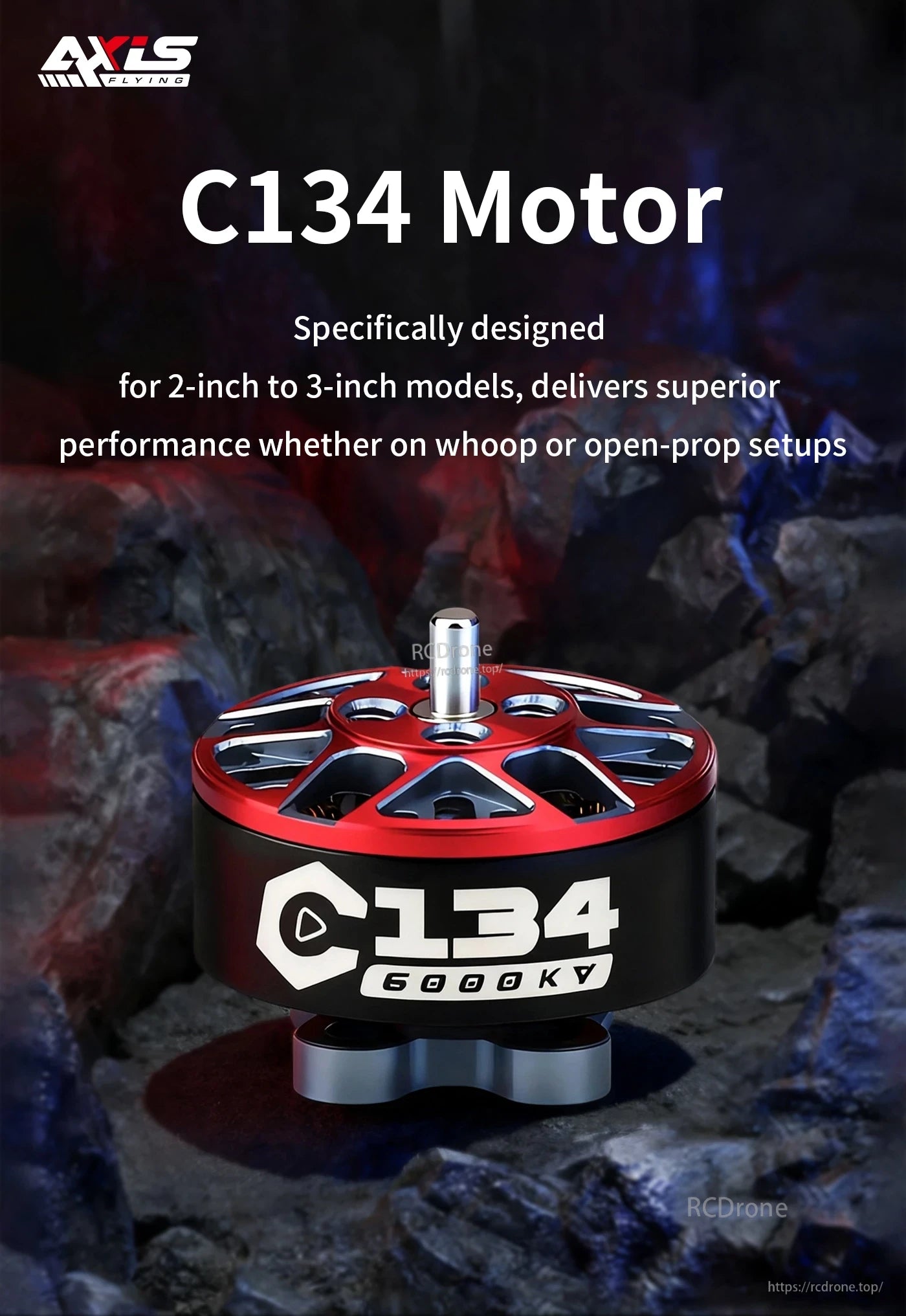Axisflying C134 6000KV FPV drone motor with red alloy top and black can, front view