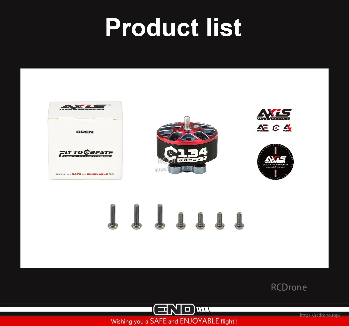 Axisflying C134 6000KV FPV drone motor with retail box, Axisflying stickers, and mounting screws set