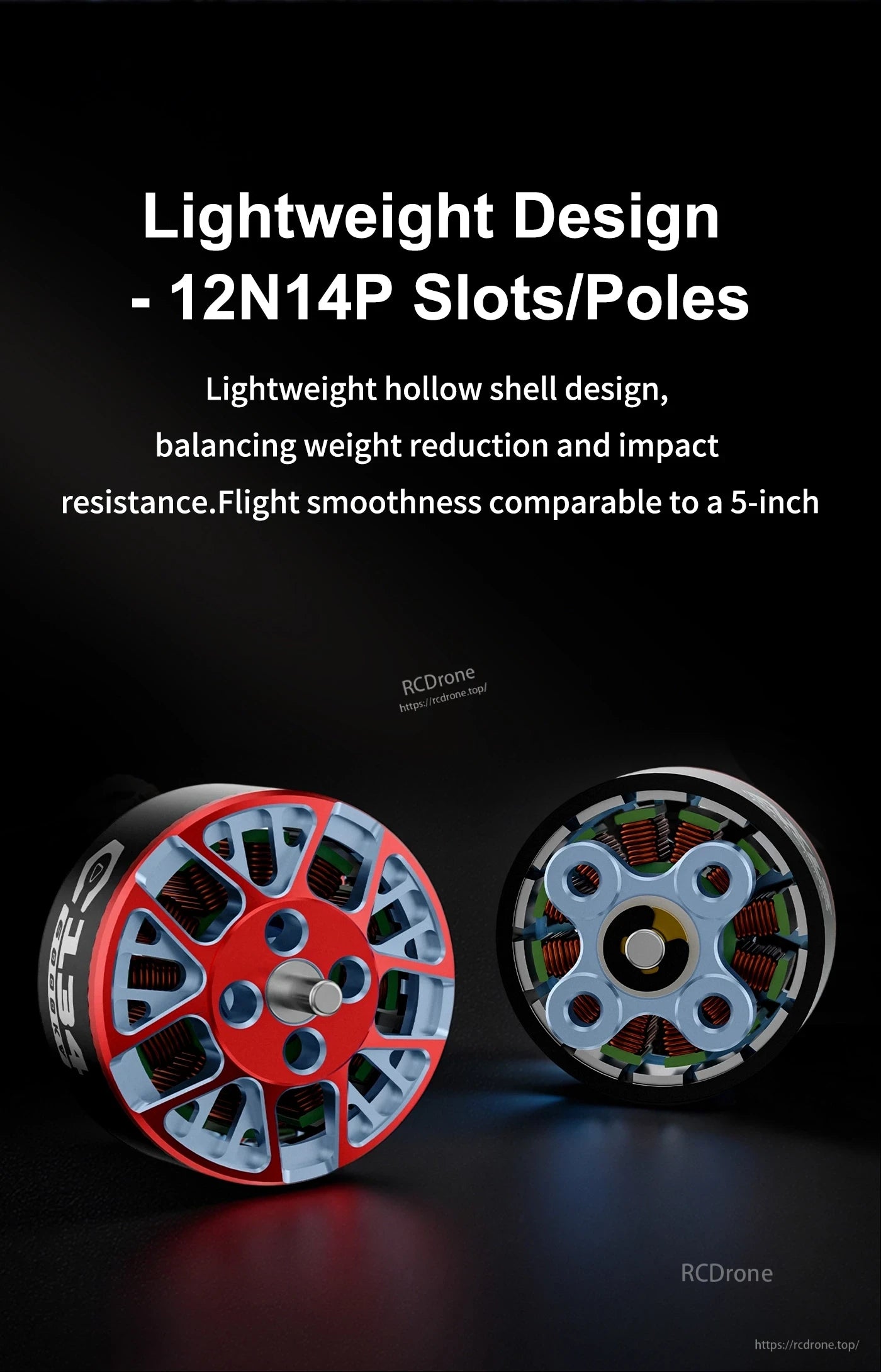 Axisflying C134 6000KV FPV Drone Motor, Axisflying C134 FPV drone motor with lightweight hollow shell design and 12N14P slots/poles cutaway view