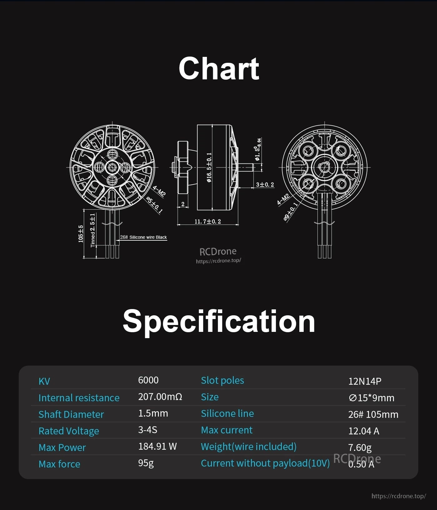 Axisflying C134 6000KV FPV drone motor dimension diagram with spec table including 12N14P, 3–4S and 1.5mm shaft
