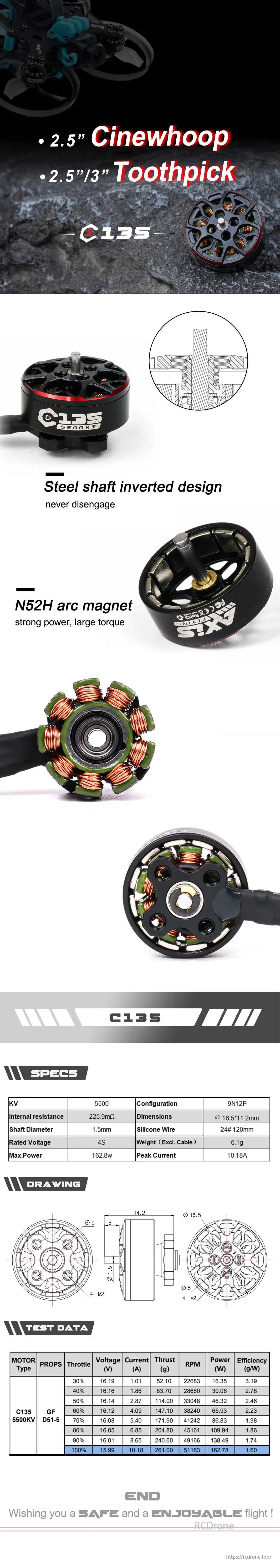 Axisflying C135 1305 5500KV 4S Brushless Motor, C135 1305 5500KV 4S Brushless Motor with steel shaft, N52H magnet, 5500KV, 225.9mΩ, 1.5mm shaft, max 162.8W power, ideal for high performance.
