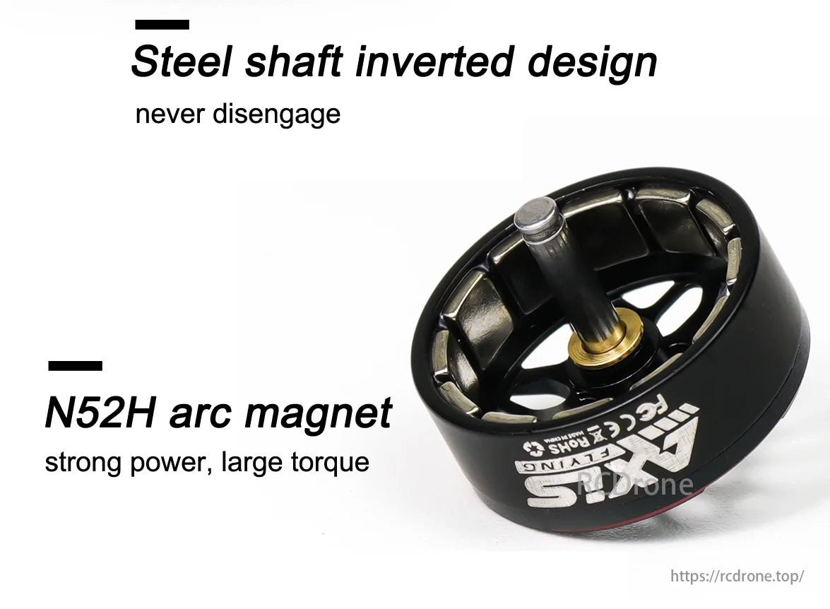 Axisflying C135-C145 4S Brushless Motors, Steel shaft inverted design and N52H arc magnet offer strong power, large torque, and no disengagement for Axisflying C135-C145 4S motors.