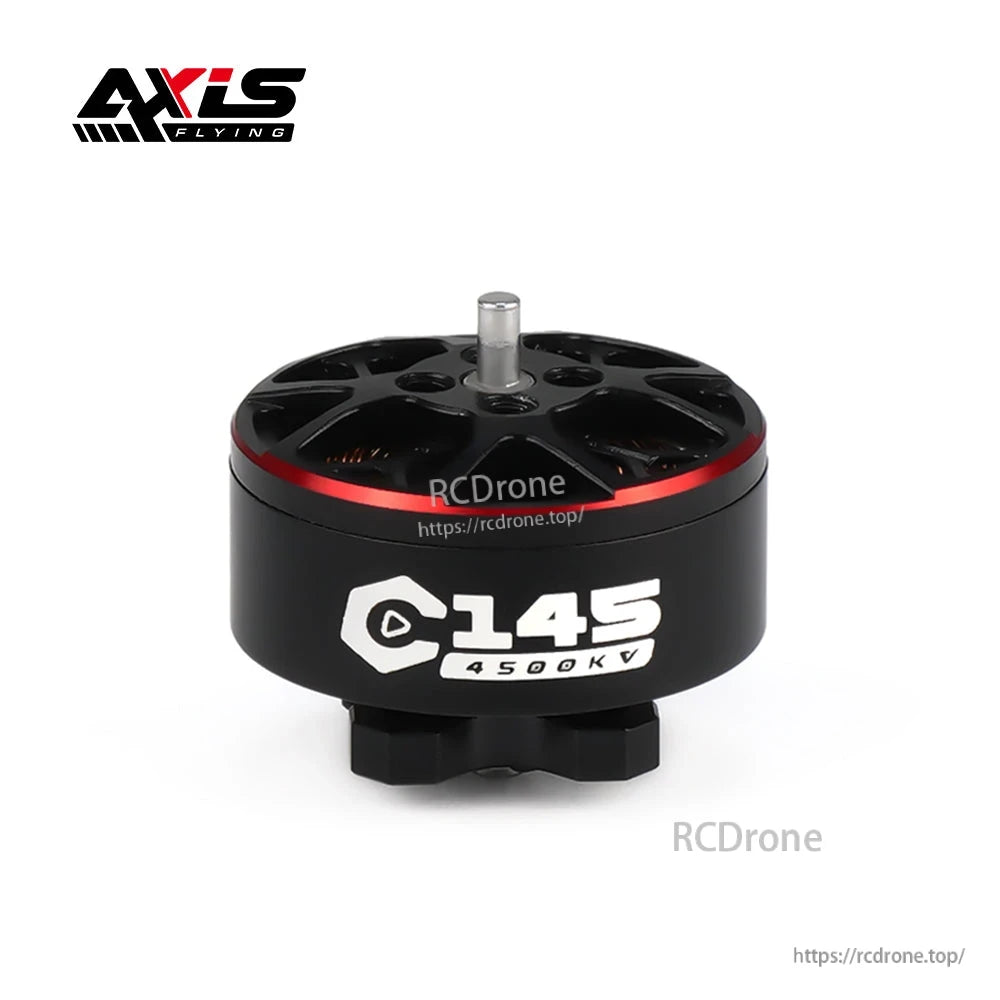 Axisflying C145 1404.5 4500KV 4S Brushless Motor, Axisflying C145 4500KV brushless drone motor with black housing, red accent ring, and top shaft