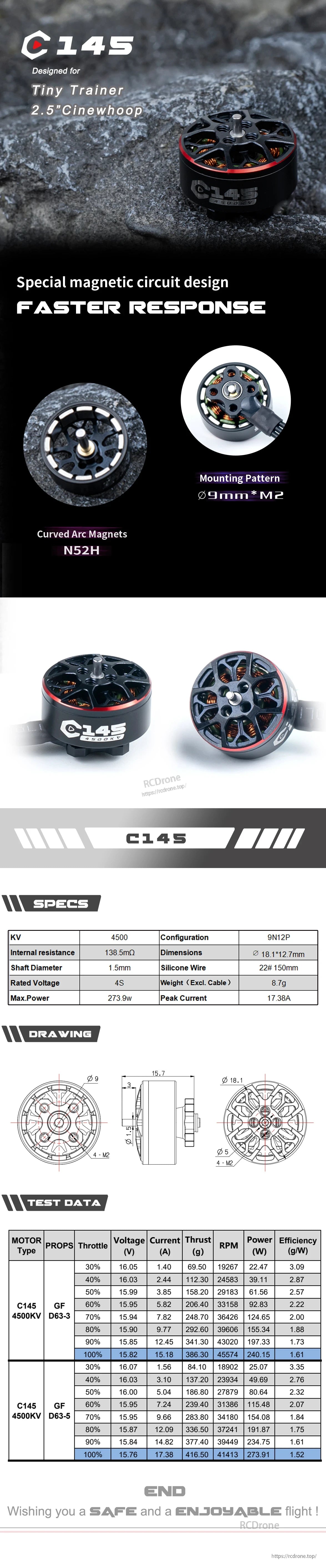 Axisflying C145 1404.5 4500KV 4S Brushless Motor, Axisflying C145 1404.5 4500KV brushless motor with 1.5mm shaft and Ø9mm M2 mounting pattern