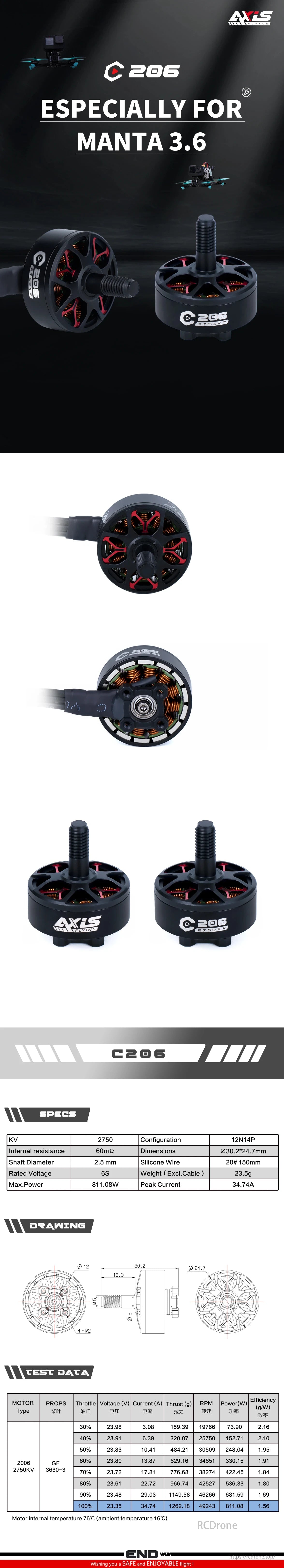 Axisflying C206 2006 2750KV FPV Brushless Motor, Axisflying C206 2006 2750KV motor for Manta 3.6, 6S, 811.08W, 34.74A, Ø30.2x24.7mm, 23.5g.