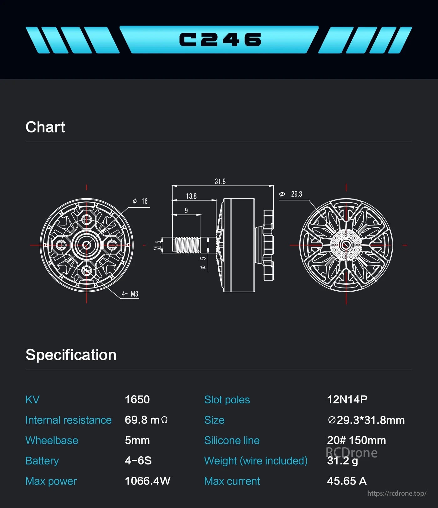 Axisflying C246 Brushless Motor, C246 brushless motor: KV1650, 69.8 mΩ, 5mm wheelbase, 4-6S, 1066.4W max power, 12N14P, 29.3x31.8mm, 31.2g, 45.65A max current, with silicone wire.