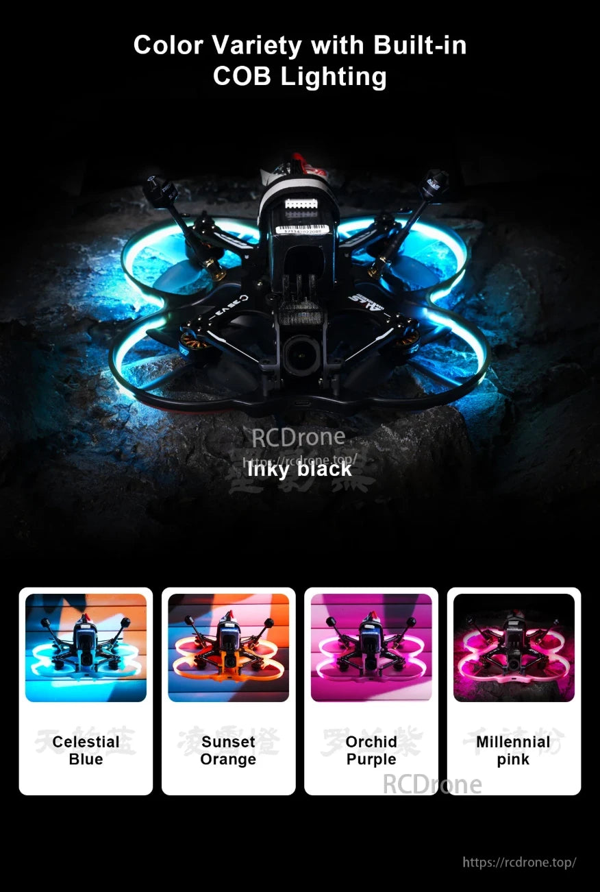Axisflying C35 V3 FPV frame features COB lighting and comes in five vibrant colors: Ink Black, Celestial Blue, Sunset Orange, Orchid Purple, and Millennial Pink.