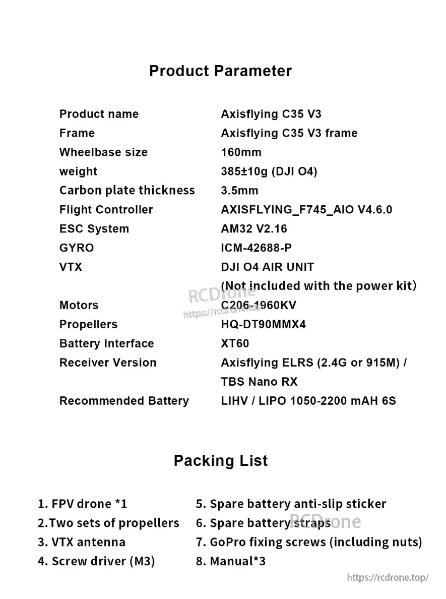 Axisflying C35 V3 FPV Frame, Axisflying C35 V3 FPV drone features a 160mm wheelbase, 3.5mm carbon plate, integrated components, and includes drone, props, antenna, tools, and manuals.
