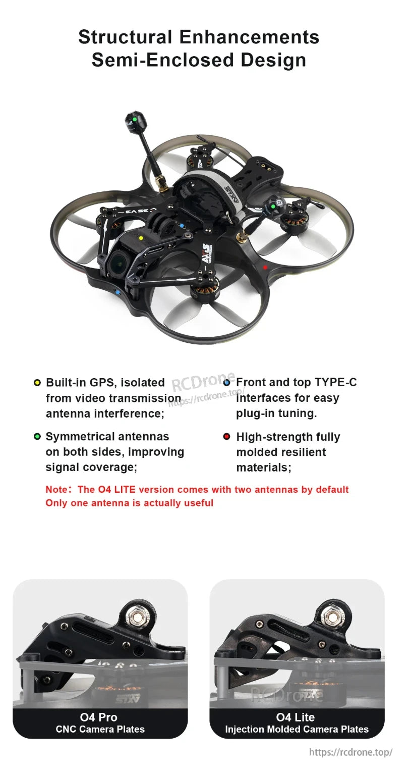 Axisflying C35 V3 FPV Frame, Semi-enclosed design with GPS isolation, symmetrical antennas, Type-C ports, durable materials; O4 Lite has one functional antenna; O4 Pro uses CNC, Lite uses molded camera plates.