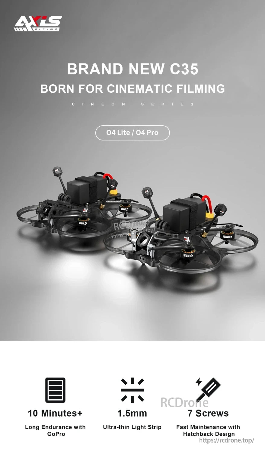 Axisflying C35 V3 FPV Frame, New C35 frame for cinematic use, fits O4 Lite/Pro, 10+ min flight time, ultra-thin light strip, quick maintenance.