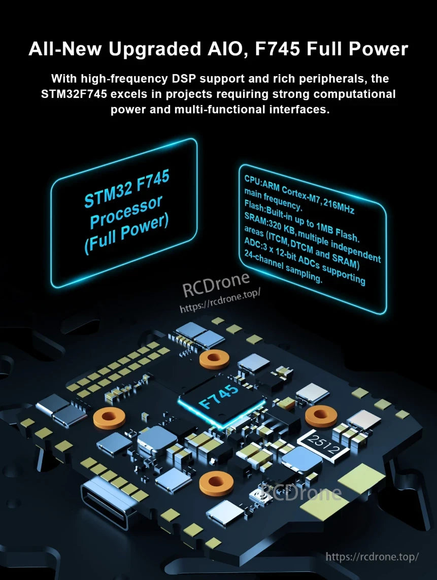 Axisflying C35 V3 FPV Frame, Upgraded AIO F745 features STM32 F745 processor, ARM Cortex-M7, 216MHz, 1MB Flash, 320KB SRAM, and 3x 12-bit ADCs for 24-channel sampling.