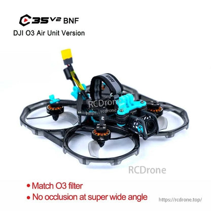 Axisflying C35 V2 3.5-inch cinewhoop BNF drone with clear gray ducted prop guards and DJI O3 camera mount