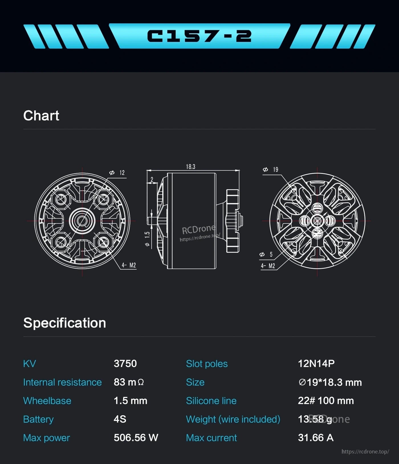 Axisflying C157-2 brushless motor dimension drawing and specs sheet showing 3750KV, 4S, 19×18.3 mm size