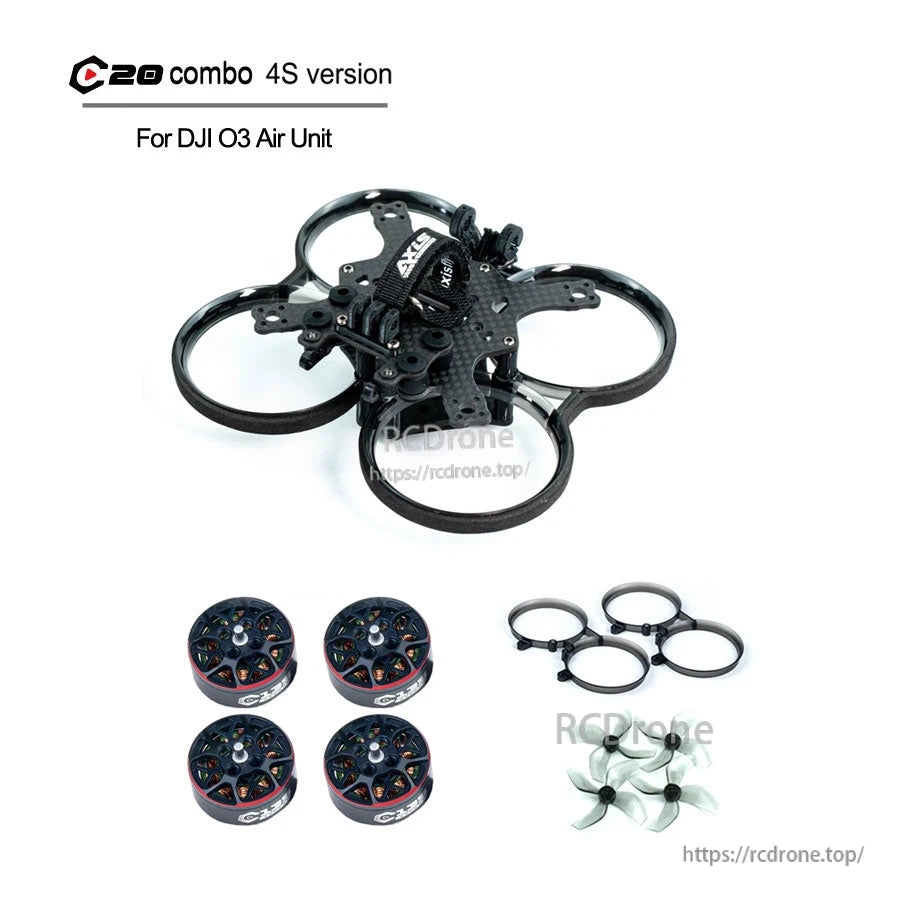 Axisflying Cineon C20 V2 2-Inch FPV Frame, C20 combo 4S for DJI O3 Air Unit includes frame, motors, propellers, and guards.