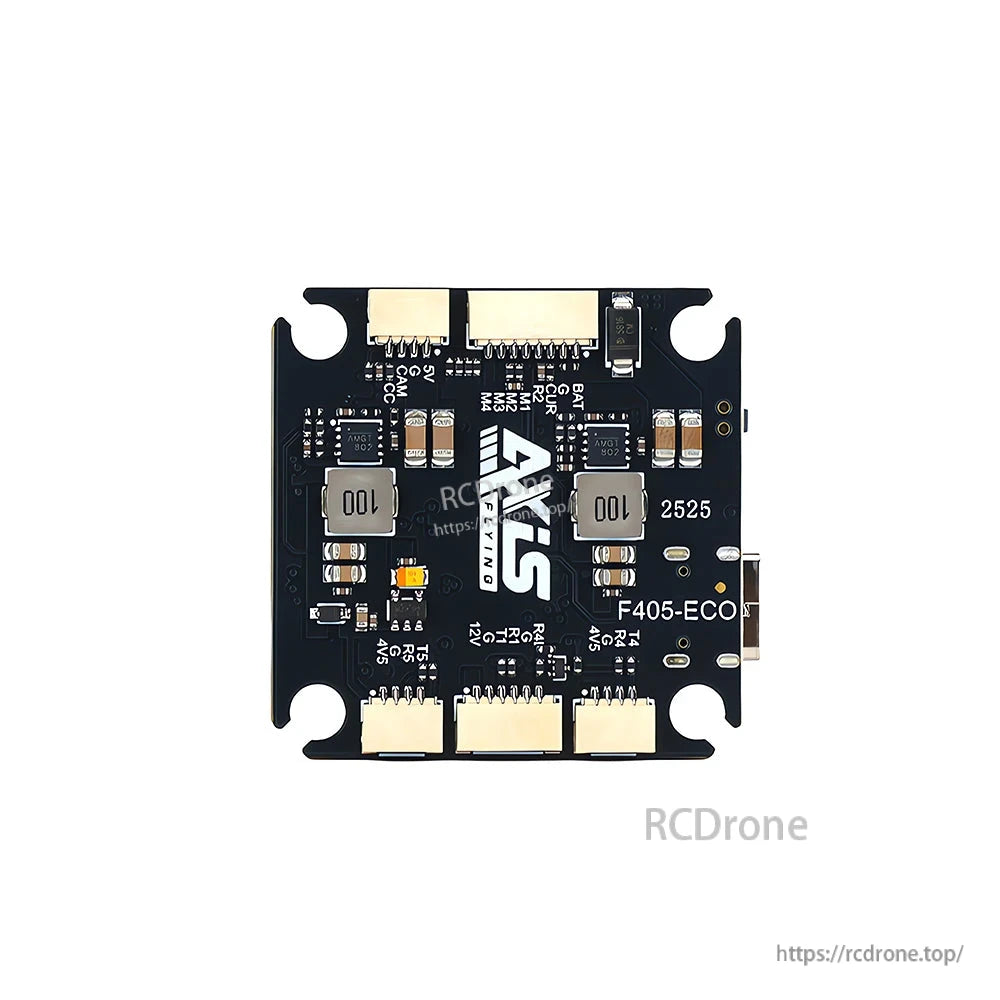 Axisflying ECO F405 Flight Controller, Axisflying F405-ECO flight controller features STM32F405, ICM42688P gyro, 5 UARTs, 16MB Blackbox, 12V/5V BEC, supports 4–8S LiPo.
