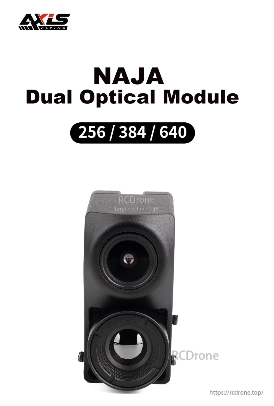 Axisflying NAJA dual optical module with stacked dual camera lenses, labeled 256/384/640 on white background