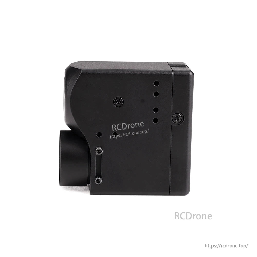 Side view of FPV dual optical camera module housing with front lens barrel and mounting screws