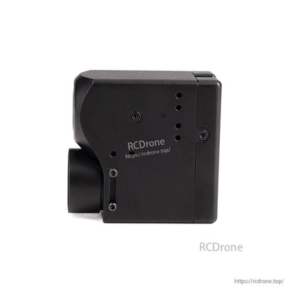 Side view of FPV dual optical camera module housing with front lens barrel and mounting screws