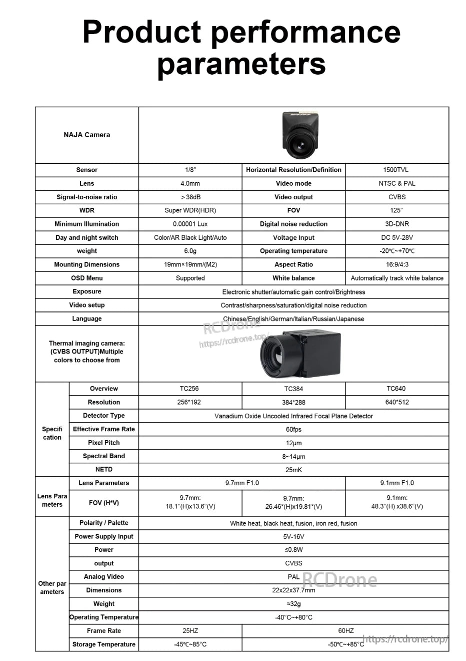 Axisflying ECO NAJA dual optical module spec table with NAJA camera and TC256/TC384/TC640 thermal camera parameters