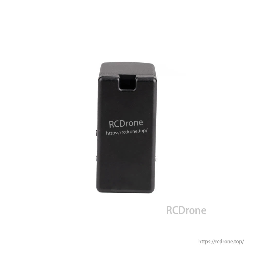 Black rectangular RCDrone module housing with printed logo and rcdrones.top URL on the front