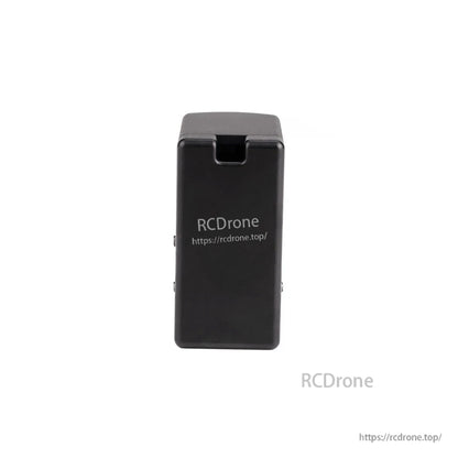 Black rectangular RCDrone module housing with printed logo and rcdrones.top URL on the front