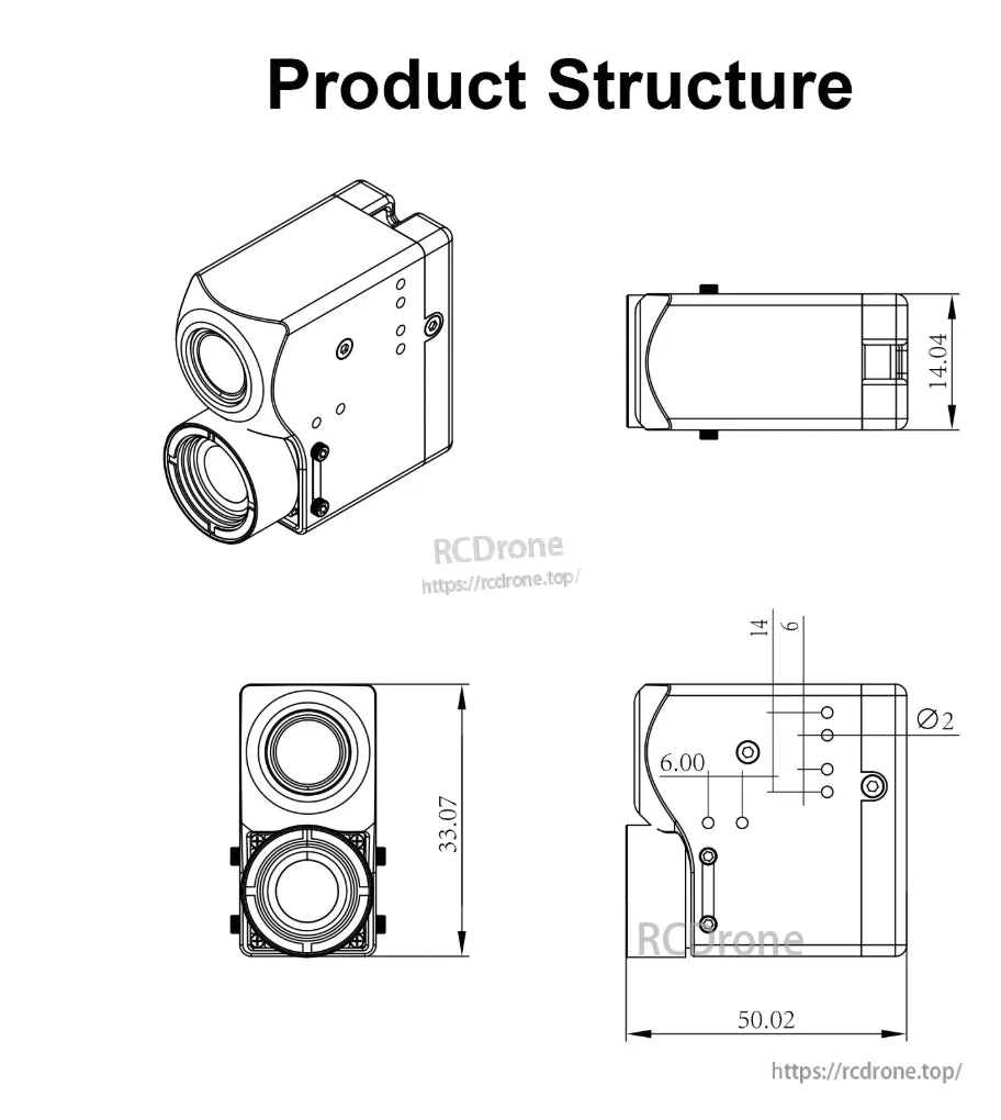 Axisflying ECO NAJA dual optical FPV camera module dimensional drawing with dual lenses and 50.02 mm length