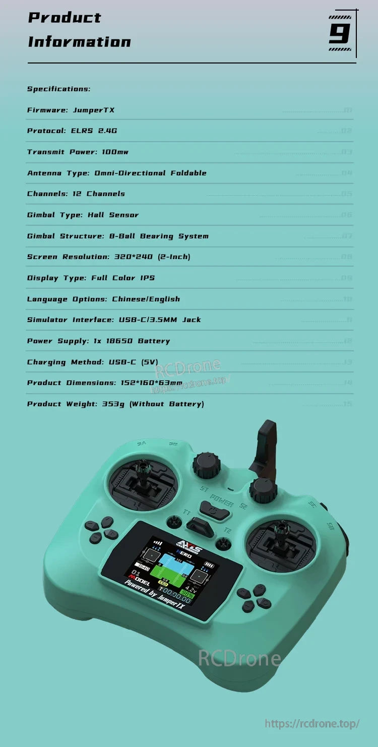 Axisflying ELRS 2.4G Remote Controller, JumperTX firmware, 100mW power, 12 channels, Hall sensor gimbal, 2-inch IPS screen, USB-C charging, weighs 353g without battery.