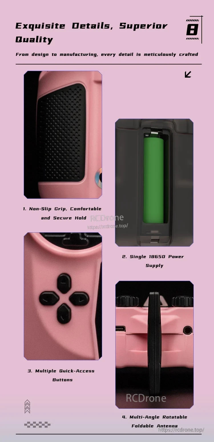 Axisflying ELRS 2.4G Remote Controller, Ergonomic non-slip grip, 18650 battery, quick-access buttons, rotatable antenna—precision-crafted for reliable, user-friendly drone control. (24 words)