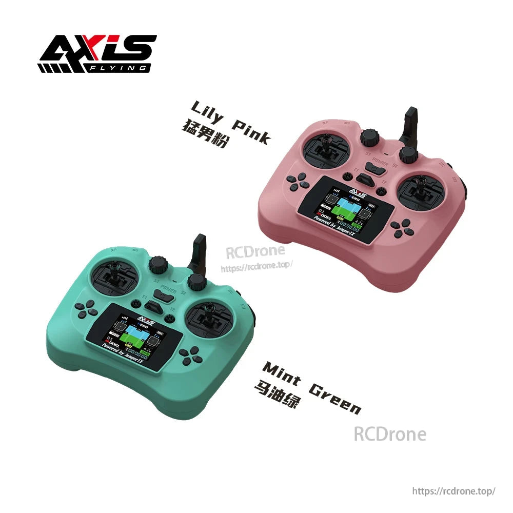 Axisflying ELRS 2.4G Remote Controller, Compact Axisflying ELRS 2.4G remote controller with color screen, hall gimbals, USB-C, 12CH, 100mw output, in Lily Pink and Mint Green options.