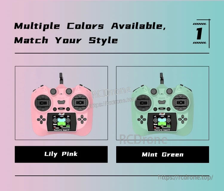 Axisflying ELRS 2.4G remote controller in lily pink and mint green, available in multiple colors.