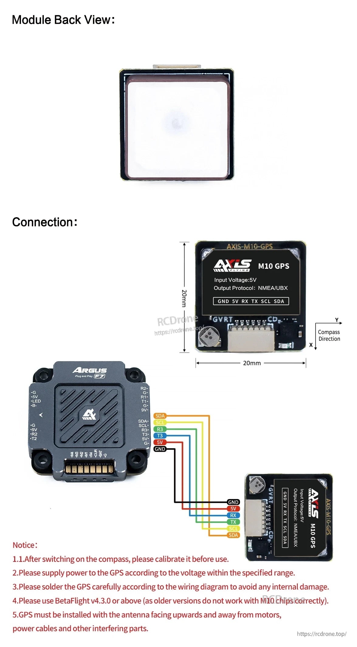 Axisflying M10 GPS module: 5V input, NMEA/UBX output, 20x20mm. Connects via GND, 5V, RX, TX, SCL, SDA. Needs calibration, stable power, correct antenna orientation. Works with BetaFlight v4.3.0+.