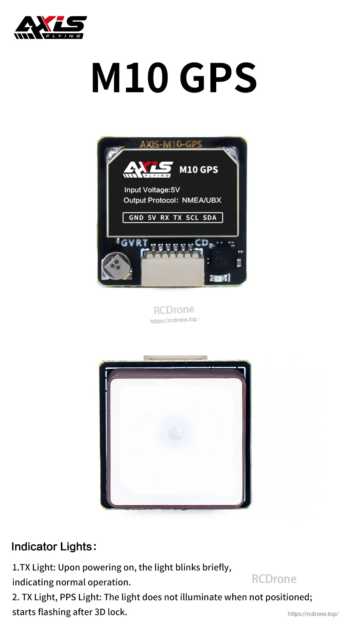 Axisflying M10 GPS module: 5V input, NMEA/UBX output, GND, 5V, RX, TX, SCL, SDA pins. TX blinks on power; PPS flashes after 3D lock.