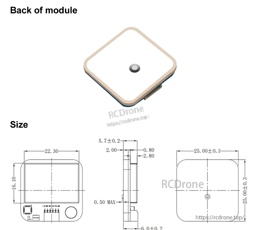 Axisflying M80Q GPS, M80Q GPS module specifications include size and thickness measurements