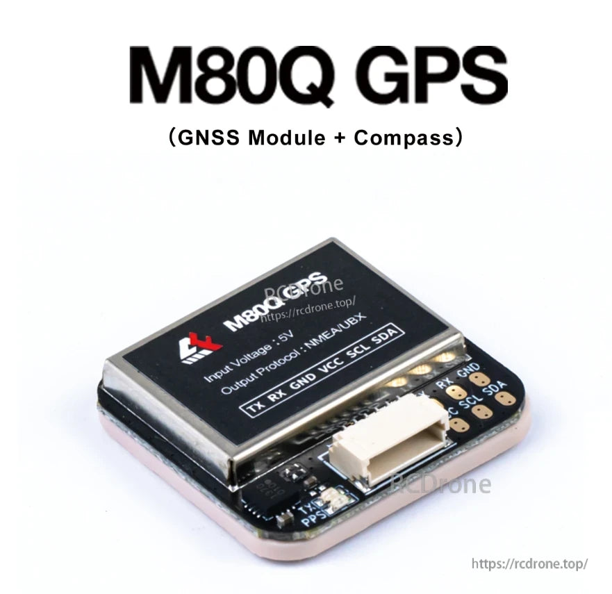 Axisflying M80Q GPS, M80Q GPS/GNSS module with compass, 5V input, NMEA/UBX output, supports TX, RX, GND, VCC, SCL, SDA pins for easy integration.