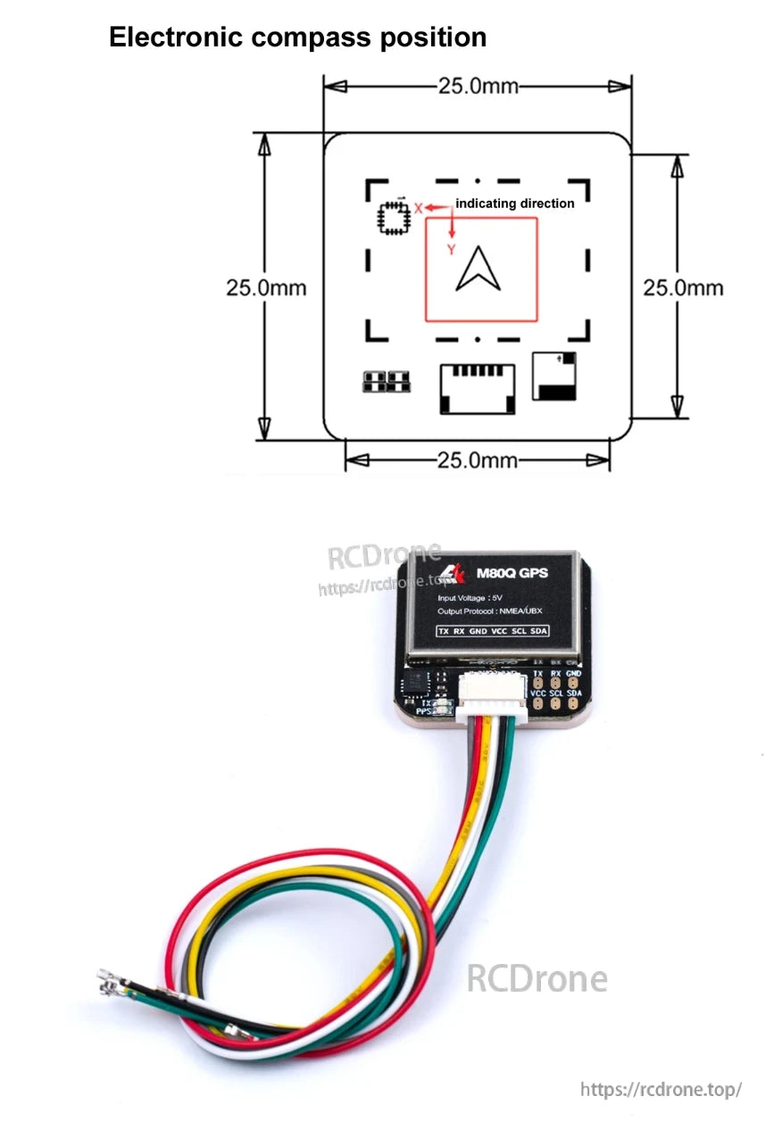 Axisflying M80Q GPS, M80Q GPS module, 25x25mm, 5V input, outputs NMEA/UBX via TX/RX; includes SCL, SDA, VCC, GND pins and directional indicator.