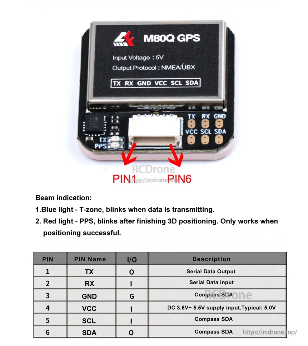Axisflying M80Q GPS, 5V GPS module with NMEA/UBX output, I2C compass, TX/RX/GND/VCC/SCL/SDA pins, blue LED for data, red LED for 3D fix.