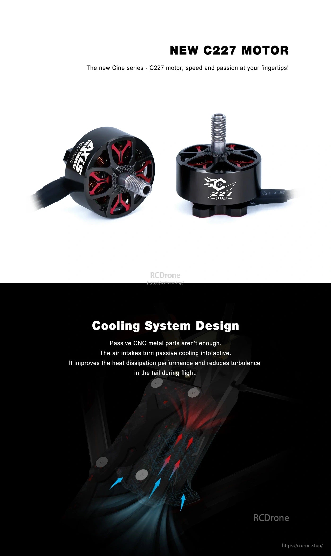Axisflying MANTA 5 PRO FPV, The Cine series C227 motor features active air intakes for improved cooling, reduced turbulence, and enhanced flight performance.