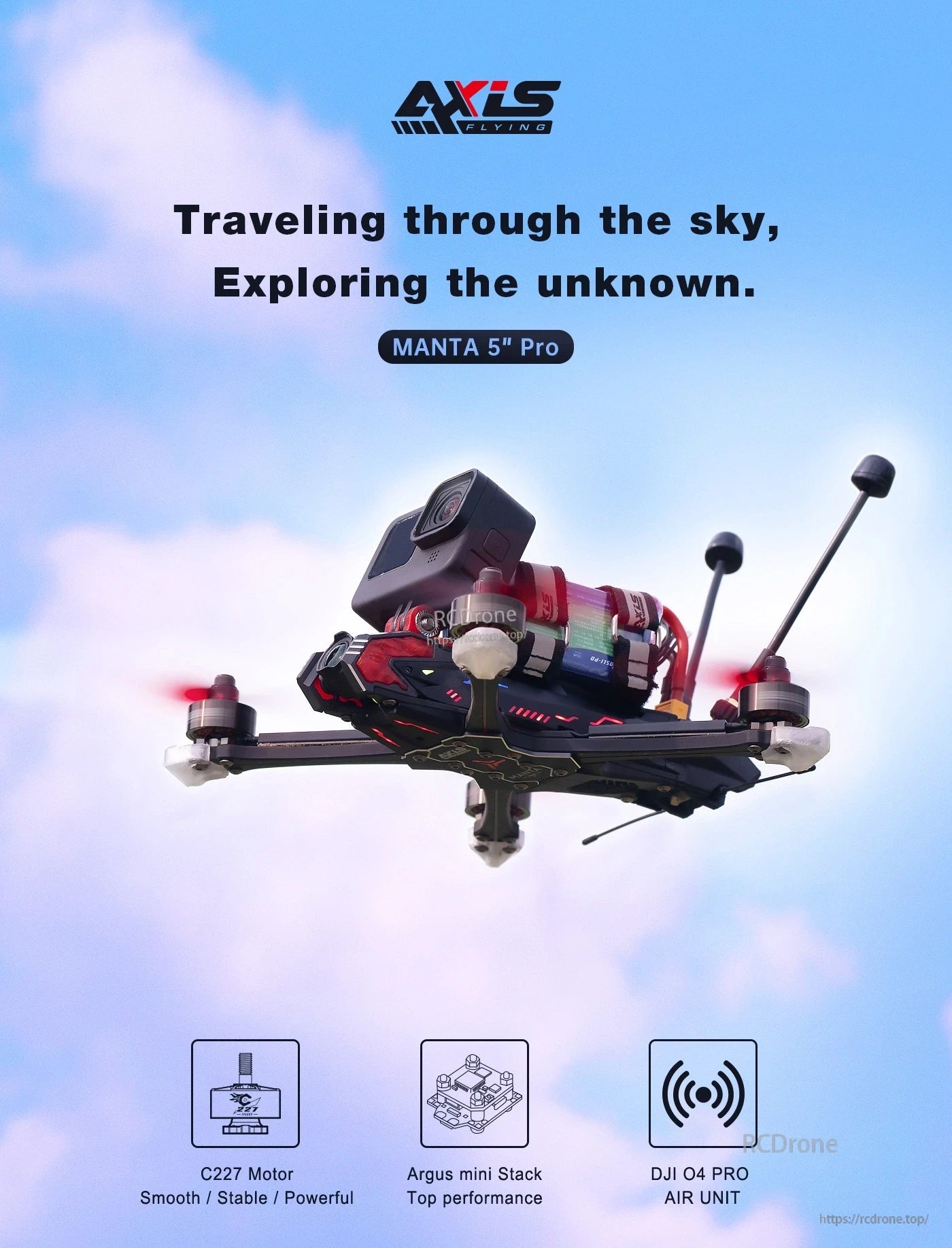 Axisflying MANTA 5 PRO FPV, The MANTA 5 Pro FPV drone features a C227 motor, Argus mini Stack, and DJI O4 PRO AIR UNIT for smooth, stable, and powerful flight performance.