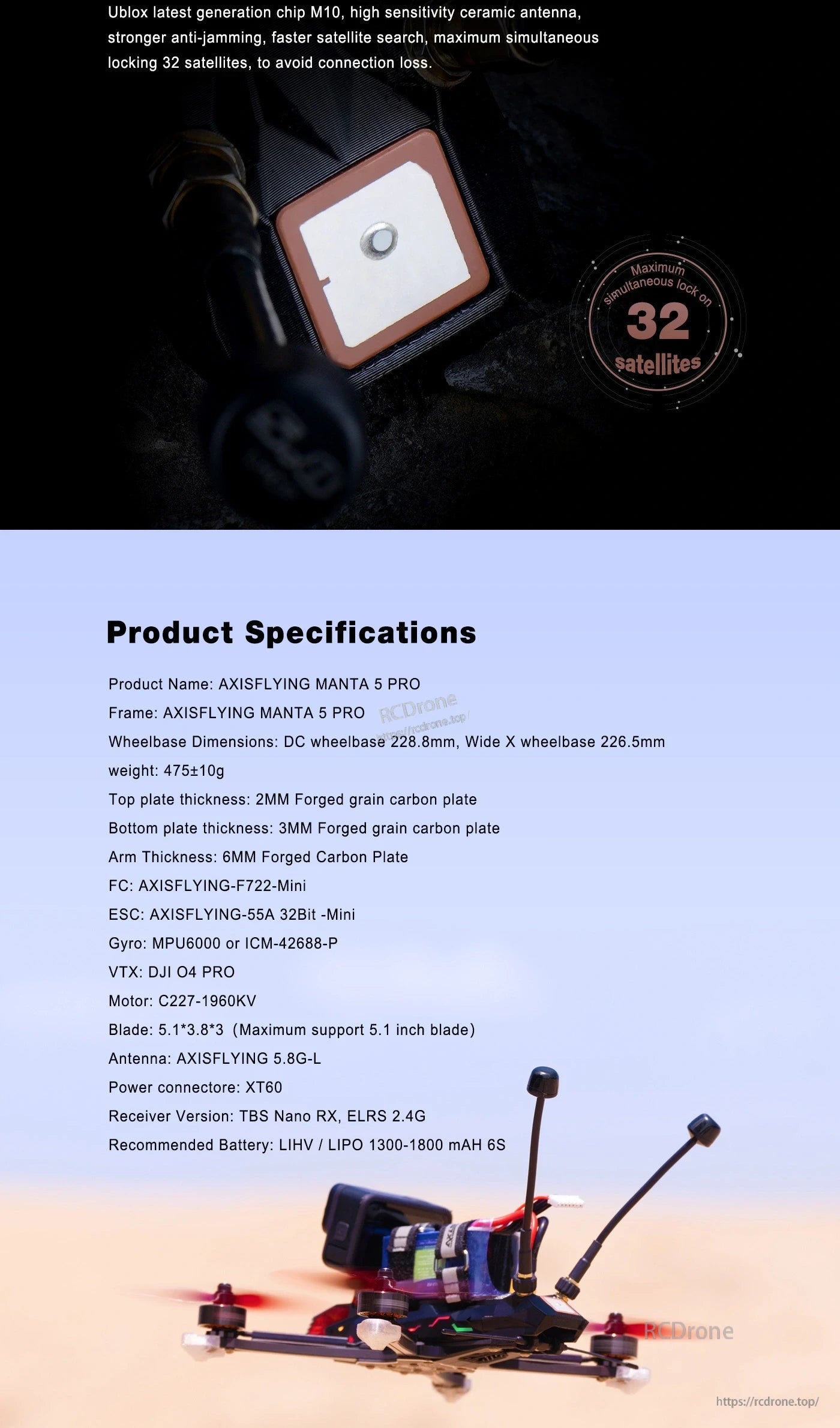 Axisflying MANTA 5 PRO FPV drone features Ublox M10 chip, ceramic antenna, 32-satellite lock, carbon fiber frame, DJI O4 PRO VTX, 228.8mm wheelbase, and 5.1-inch blade support for precise, reliable flight.