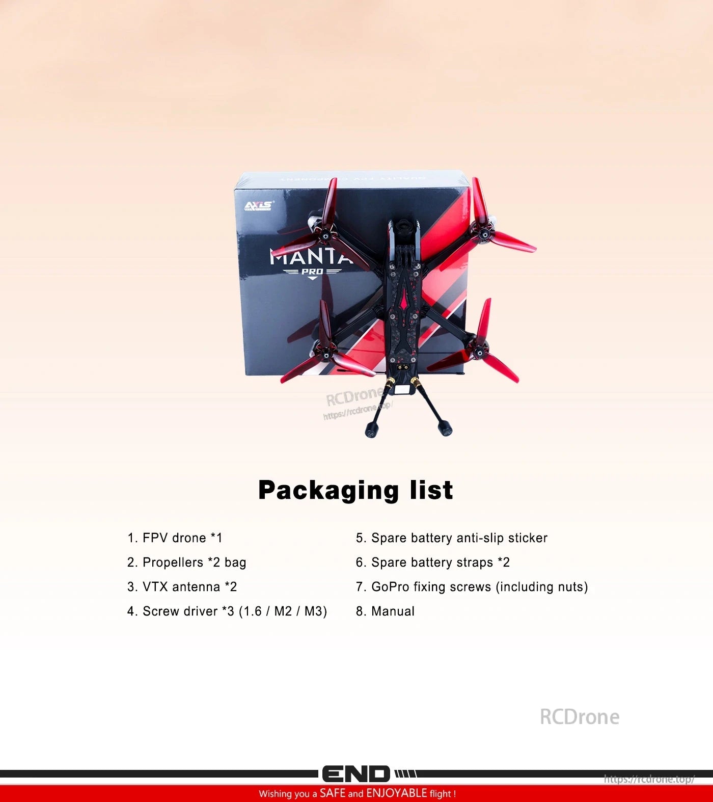 Axisflying MANTA 5 PRO FPV drone with red propellers includes drone, propellers, VTX antennas, screwdrivers, battery accessories, GoPro screws, and manual.