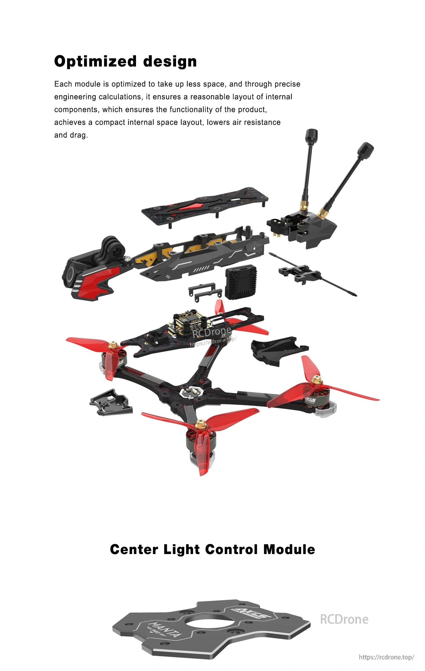 Axisflying MANTA 5 PRO FPV, Compact, aerodynamic design with efficient layout and integrated Center Light Control Module for enhanced performance and reduced drag.