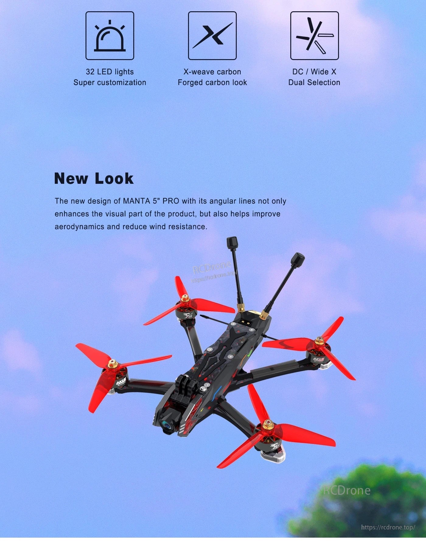 Axisflying MANTA 5 PRO FPV, MANTA 5" PRO features 32 LEDs, X-weave carbon frame, dual DC/Wide X mode, and angular design for improved aerodynamics and reduced wind resistance.