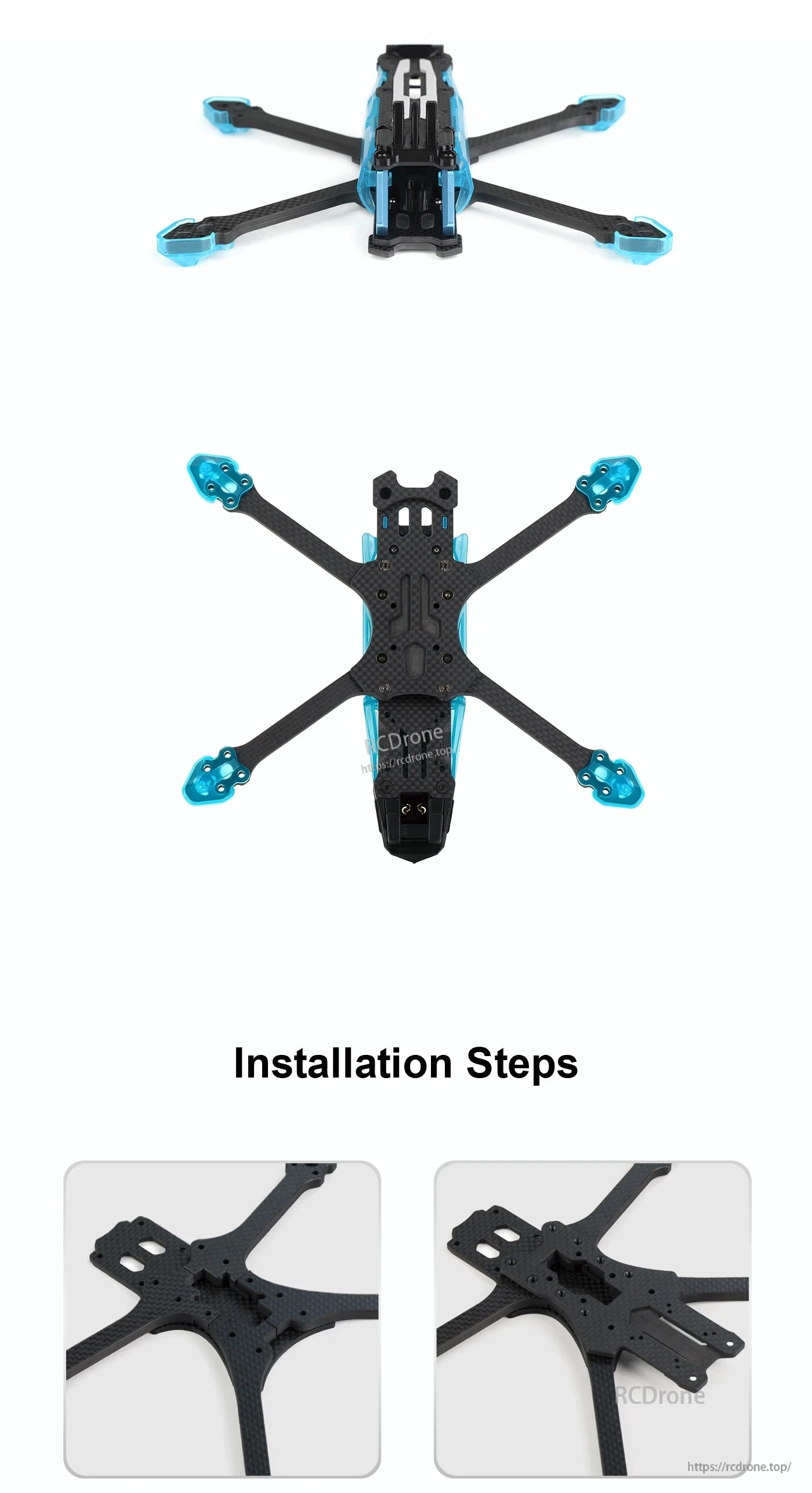 Axisflying MANTA 5 SE V2 Frame Kit (DC Squashed X), Axisflying MANTA 5 SE V2 carbon fiber quadcopter frame kit with blue arm end mounts, top and bottom views