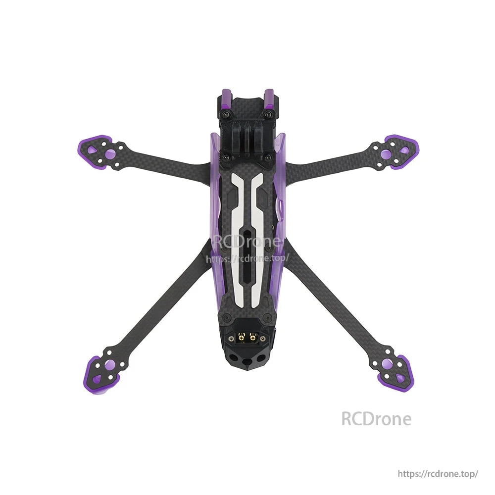 Axisflying MANTA 5 SE V2 Frame Kit (DC Squashed X), Top view of Axisflying MANTA 5 SE V2 squashed-X carbon fiber FPV quad frame with purple bumpers
