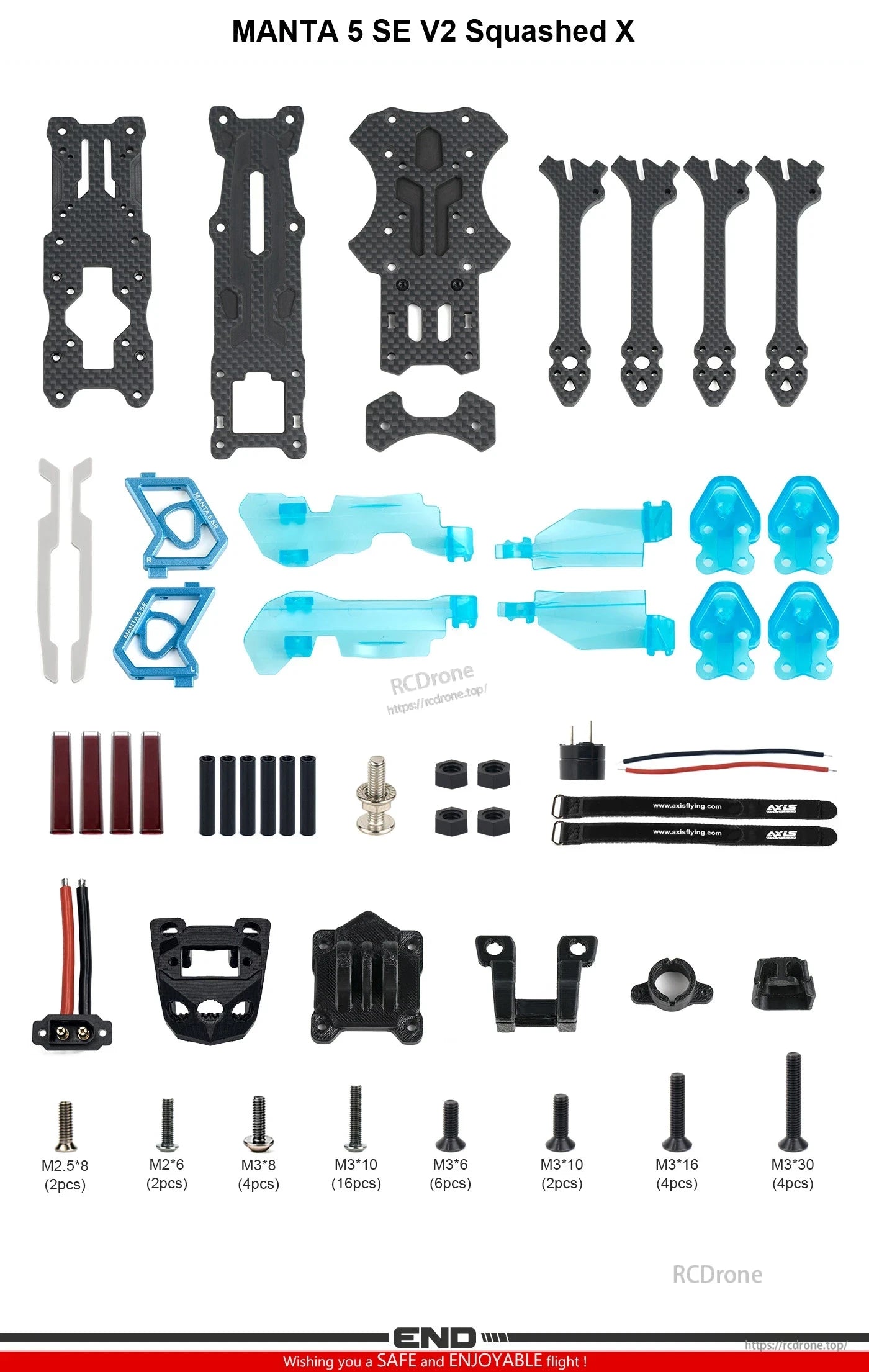 Axisflying MANTA 5 SE V2 Frame Kit (DC Squashed X), Axisflying MANTA 5 SE V2 Squashed X frame kit parts layout with carbon fiber plates, 4 arms, TPU pieces and screws