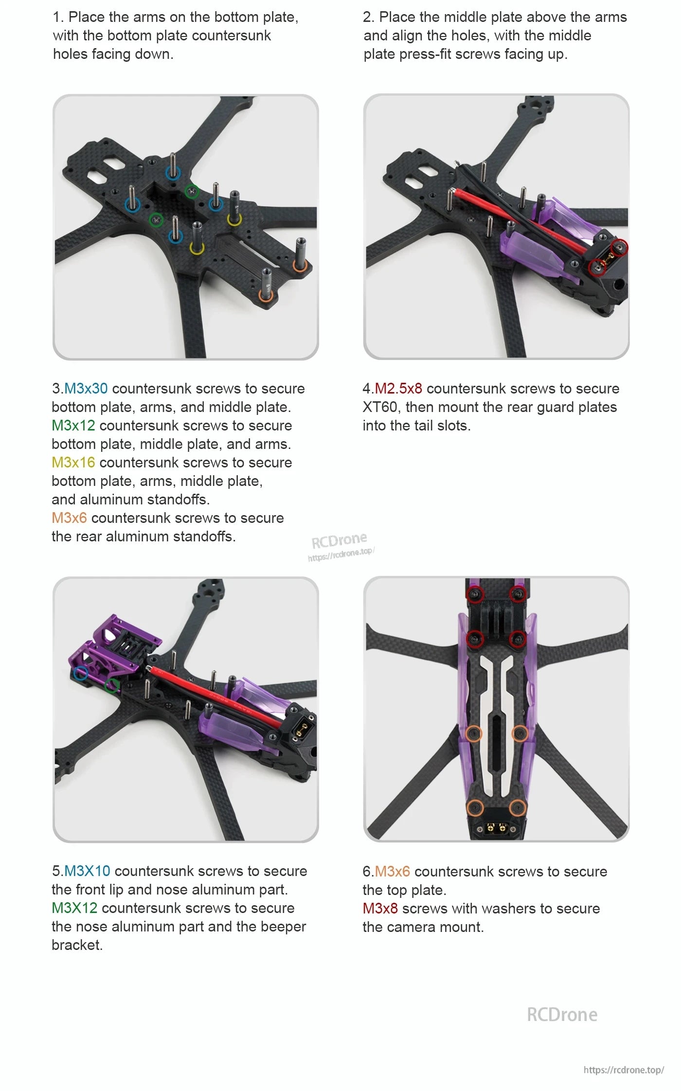 Axisflying MANTA 5 SE V2 Frame Kit (DC Squashed X), Axisflying MANTA 5 SE V2 carbon fiber frame assembly guide with countersunk screw sizes and XT60 mount steps