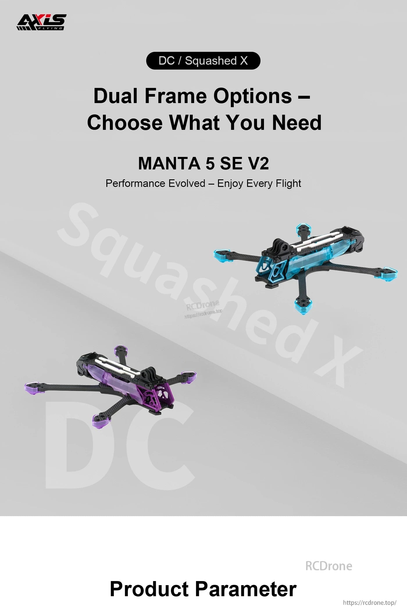 Axisflying MANTA 5 SE V2 Frame Kit (DC Squashed X), Axisflying MANTA 5 SE V2 FPV frame kit with dual layout options, Squashed X and DC, shown in blue and purple